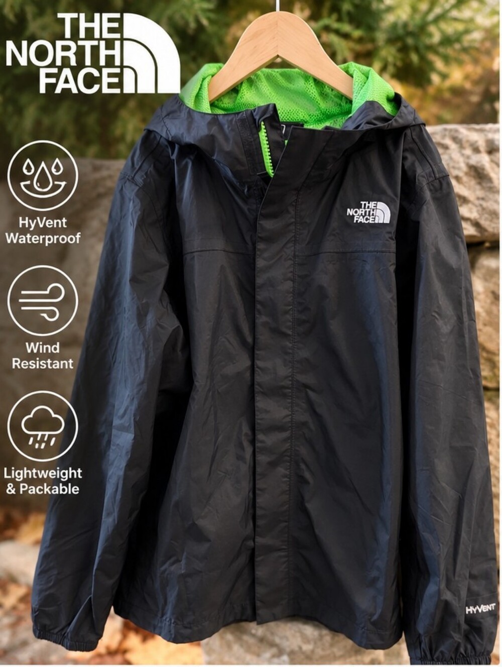 The North Face Boys L 14/16 HyVent Hooded Rain Jacket Black Green